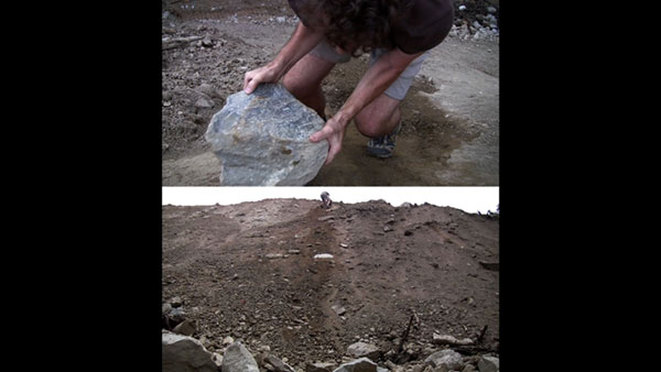 A Rolling Stone Gathers No Moss, 2013, video stills, two-channel<br><br>Go to menu, click VIDEOS, to watch excerpts<br><br>It was Sisyphus from Greek mythology who repeatedly rolled a boulder up a hill as punishment by the gods for deception.