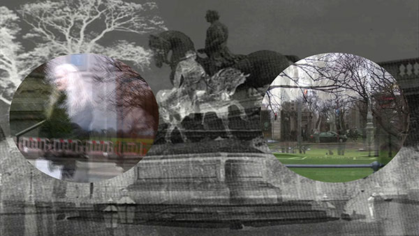 Blasted Tracings, 2014, video still, two-channel split screen with digital images<br><br>Go to menu, click VIDEOS, to watch excerpts<br><br>Equestrian statues have a certain interest for me, masculine symbols of a bygone era and history, their statement provides a tenuous approach. Exploring the sites of the former statues of Lord Gough (Phoenix Park), King William of Orange (College Green), and King George II (St. Stephen's Green) with my cameras in Dublin, Ireland, I examine how we experience and understand history.