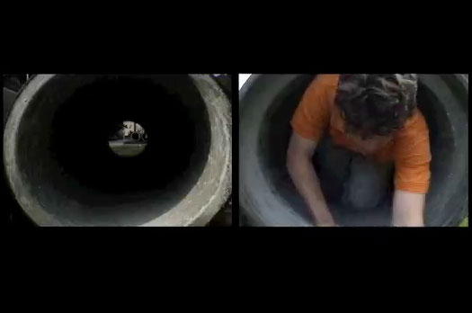 Concrete Intervention, 2003, video stills<br><br>Go to menu, click VIDEOS, to watch excerpts<br><br>I crawl, circling through two side-by-side culverts to illustrate monotony.