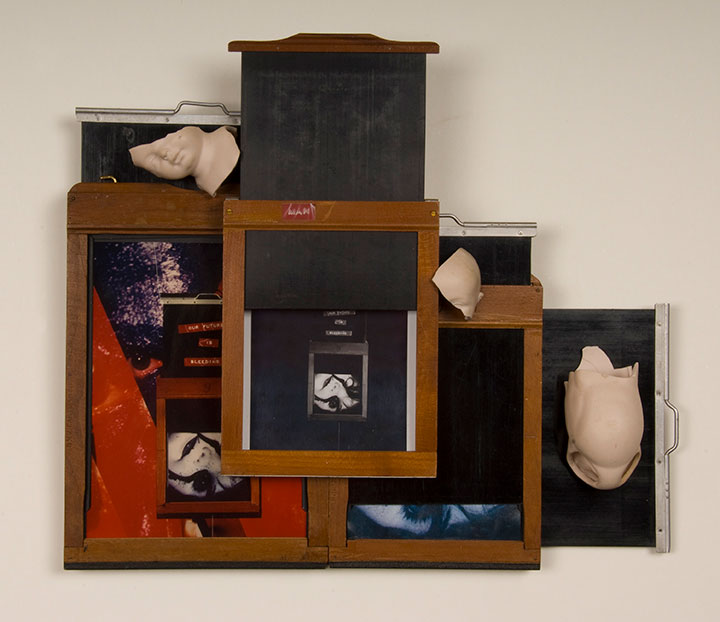 Contained, Man’s Future, 1993, C-Prints, antique film holders, text tape, found objects, 14 x 12, showing 1 of 15