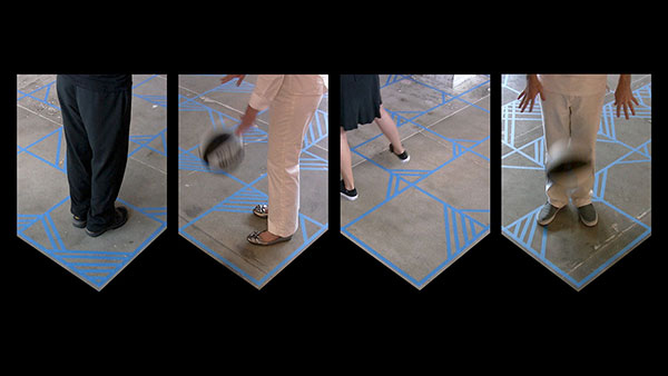 Dribble, 2017, video stills, four-channel<br><br>Go to menu, click VIDEOS, to watch excerpts<br><br>Keeping with the spirit of Merce Cunningham's 1952 Suite by Chance (Space Chart Entrance and Exit) owned with copyright by the Merce Cunningham Trust, I recreate this iconic choreography of sixty-four movements, replete with the score lines by which basketballs are dribbled.