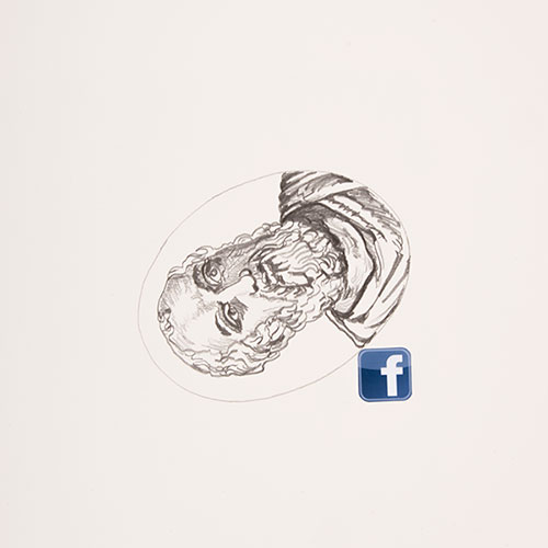 Face Book (Plato), 2015, graphite on smooth paper with color digital print, 14 x 17, showing 1 of 100<br><br>A component to my exhibition Face Book: A Social Experience, I consider the decline of bookstores and consequences of digitizing books. A random search of the Internet for the 100 must read books for men took me to artofmanliness.com.