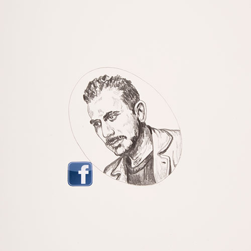 Face Book (Steinbeck), 2015, graphite on smooth paper with color digital print, 14 x 17, showing 1 of 100<br><br>A component to my exhibition Face Book: A Social Experience, I consider the decline of bookstores and consequences of digitizing books. A random search of the Internet for the 100 must read books for men took me to artofmanliness.com.