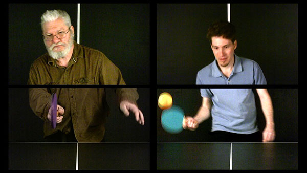 In Play (Dan Graham), 2009, video stills, two two-channel split screen, showing 1 of 18<br><br>Go to menu, click VIDEOS, to watch excerpts<br><br>In Play is a project I began in 2007 of ping-pong recorded with video and photography, with artists and writers of influence or like-mindedness, to highlight the interconnectivity of history, artists, writers, and ideas. To date, the project includes: Vito Acconci (2007), Vicki Goldberg (2007), Erwin Wurm (2007), Peter Garfield (2007), Martha Buskirk (2007), Gary Metz (2008), Terry Barrett (2007), Cal Kowal (2008), William Anastasi (2008), Patty Chang (2009), Dennis Oppenheim (2009), Dan Graham (2009), Michael Snow (2009), Marcy B Freedman (2010), Kate Gilmore (2010), Thomas Zummer (2011), Navjotika Kumar (2012), Olaf Breuning (2015), and Arno Rafael Minkkinen (2015)