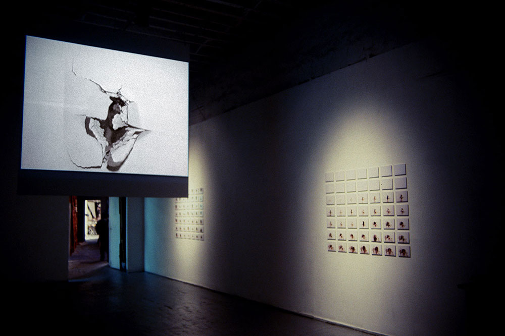 Intellectual Economy, 2002, installation view<br><br>Go to menu, click VIDEOS, to watch excerpts<br><br>To gain entry into a new space, I bust my head through a wall.