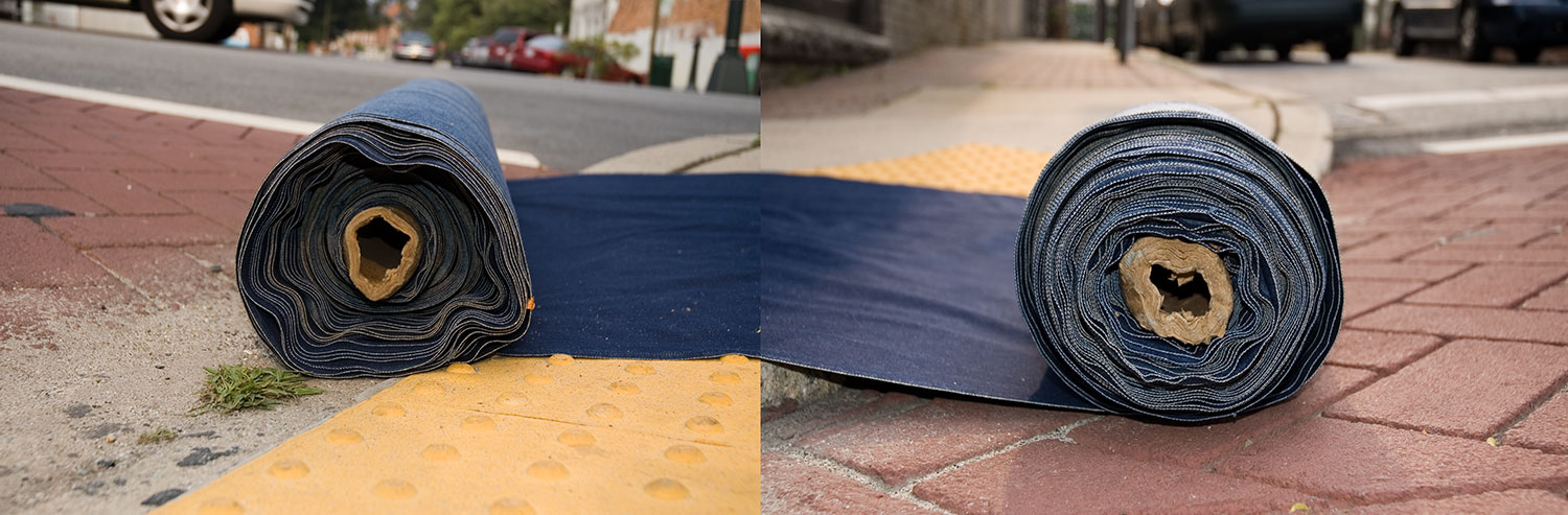 Labor, 2006, color digital print, 60 x 16, showing 1 of 9<br><br>For five days outside of Elsewhere (Greensboro, NC), I rolled out a spool of denim fabric that span roughly a block and a half, and then rolled the fabric back up. On the fifth day, the unrolling was photographed.