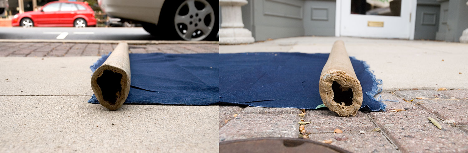 Labor, 2006, color digital print, 60 x 16, showing 1 of 9<br><br>For five days outside of Elsewhere (Greensboro, NC), I rolled out a spool of denim fabric that span roughly a block and a half, and then rolled the fabric back up. On the fifth day, the unrolling was photographed.