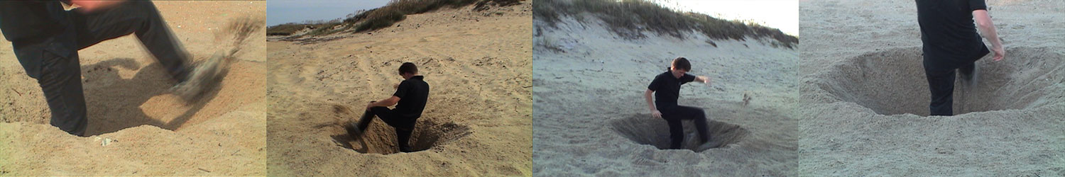 Manholes, 2007, video still, four-channel split screen<br><br>Go to menu, click VIDEOS, to watch excerpts<br><br>Once I reached a certain depth, I could no longer kick the sand with my feet.