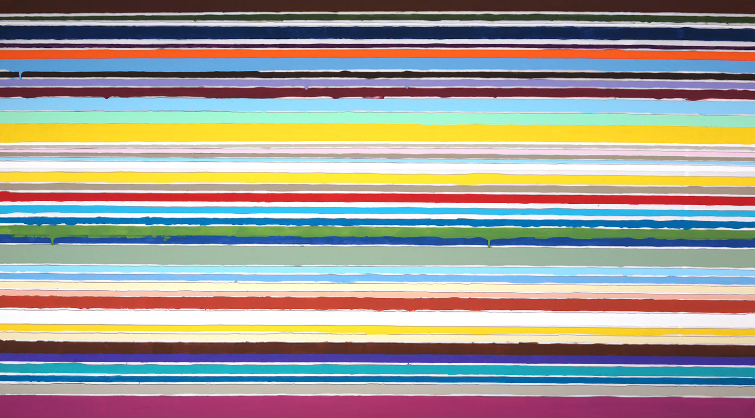 New Day, 2020, acrylic on acrylic, 66 x 38.5<br><br>Kenneth Noland's painting transforms into a social experience. Viewers apply the 41 color stripes onto the off white background.