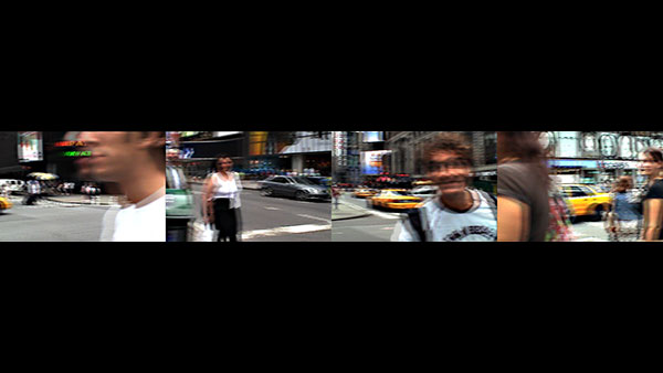 One Minute Spin in the Spectacle, 2006, video stills, four-channel<br><br>Standing in the middle of the bustle of New York City’s Times Square, I spin with four cameras attached to my person capturing one New–York–Minute.