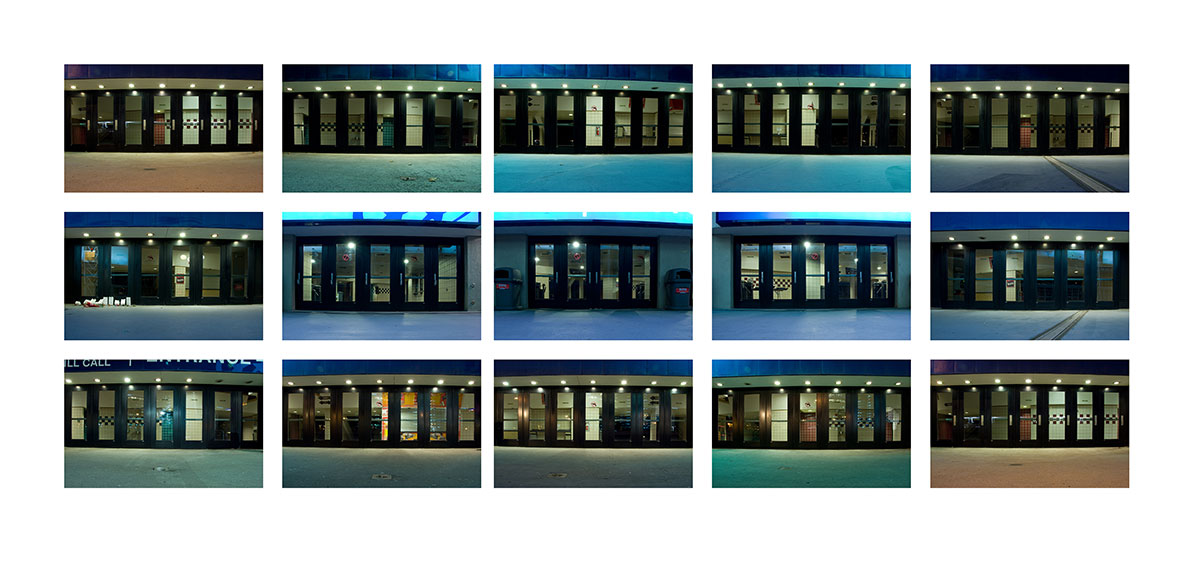 Out Here in the Fields, 2012, color digital print, 87.5 x 39<br><br>On the 30th anniversary of The Who concert stampede killing eleven people, I photographed the doors around the Riverfront Coliseum, Cincinnati, OH.