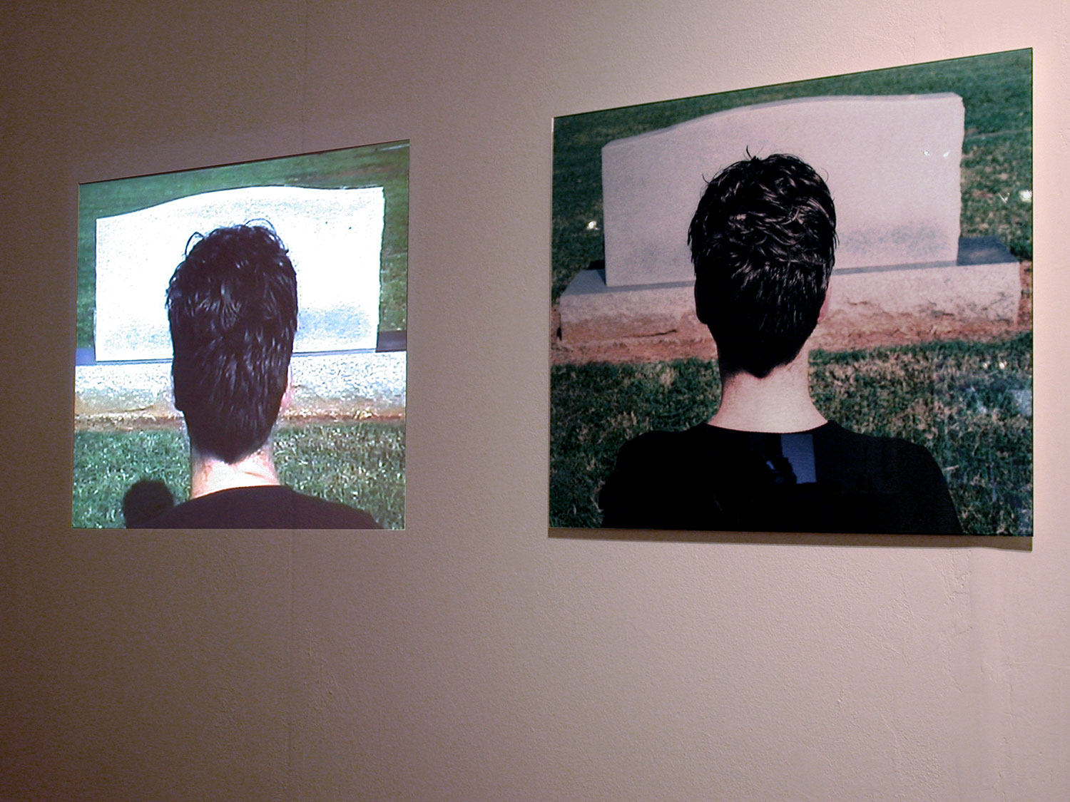 Self, 2003, installation view, video projected beside a color lambda print, 30 x 23<br><br>I contemplate the theory of self.