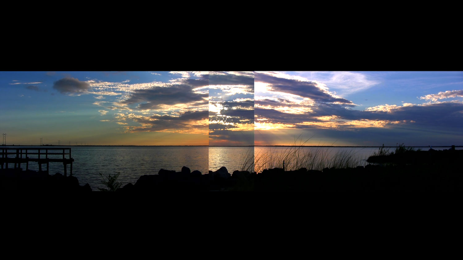 Sun Sunset Set, 2011, video still, three-channel split screen<br><br>Go to menu, click VIDEOS, to watch excerpts<br><br>Panning back and forth with the two end cameras reifies the past/future dichotomy of the sunset on Florida's gulf.
