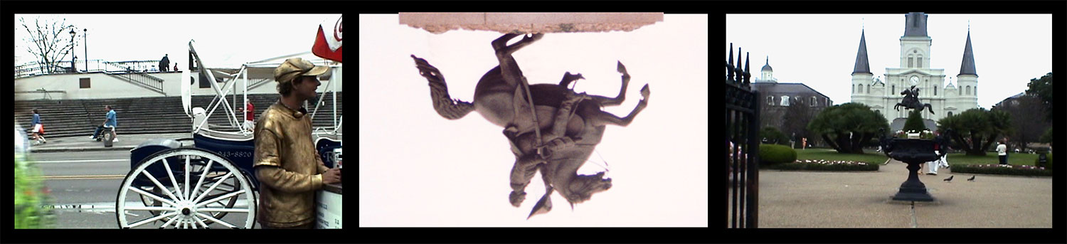 This Union Must and Shall be Preserved, 2005, video installation, two-channel, color digital print, 60 x 44<br><br>Through the frenzy of tourism with the statue of Andrew Jackson in and out of focus, his poignant statement carved on the base of his statue, <i>This union must and shall be preserved</i> prompts the question: Are Americans preserving or consuming the union?